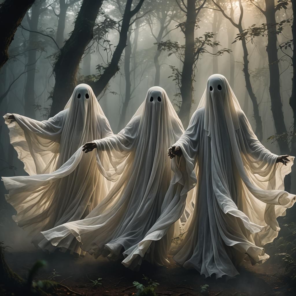 Ghosts Dancing in Misty Forest, Art Nouveau Style