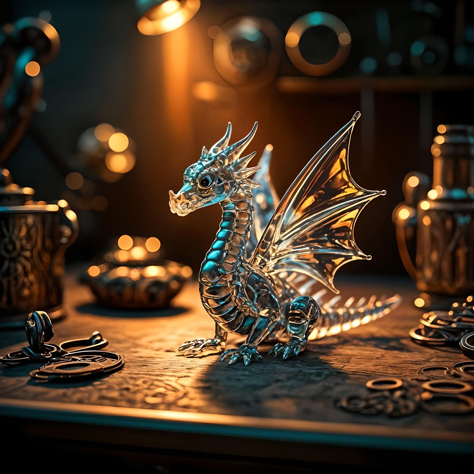 Colorful Enamel Glass Dragon Figurine in Steampunk Workshop