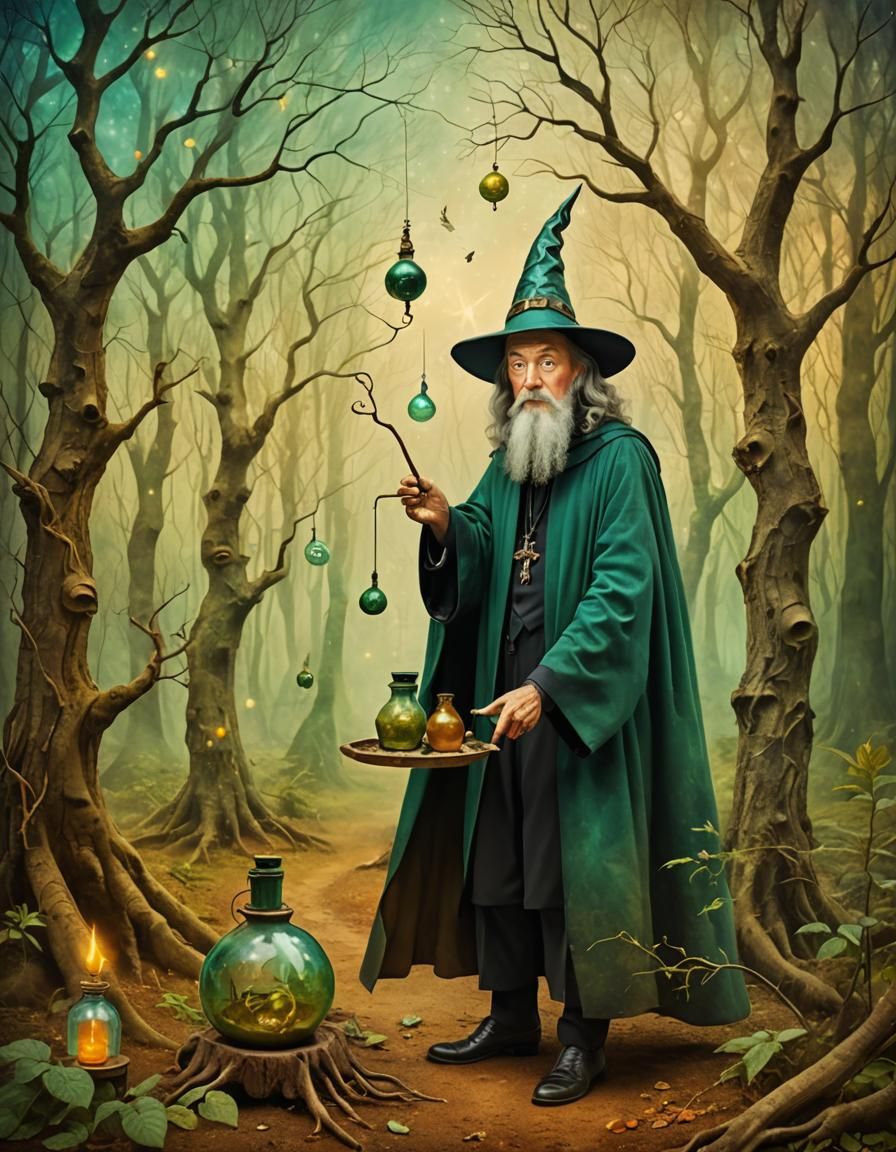 Wizard and Witch Creating Potions, Surreal Impasto Collage