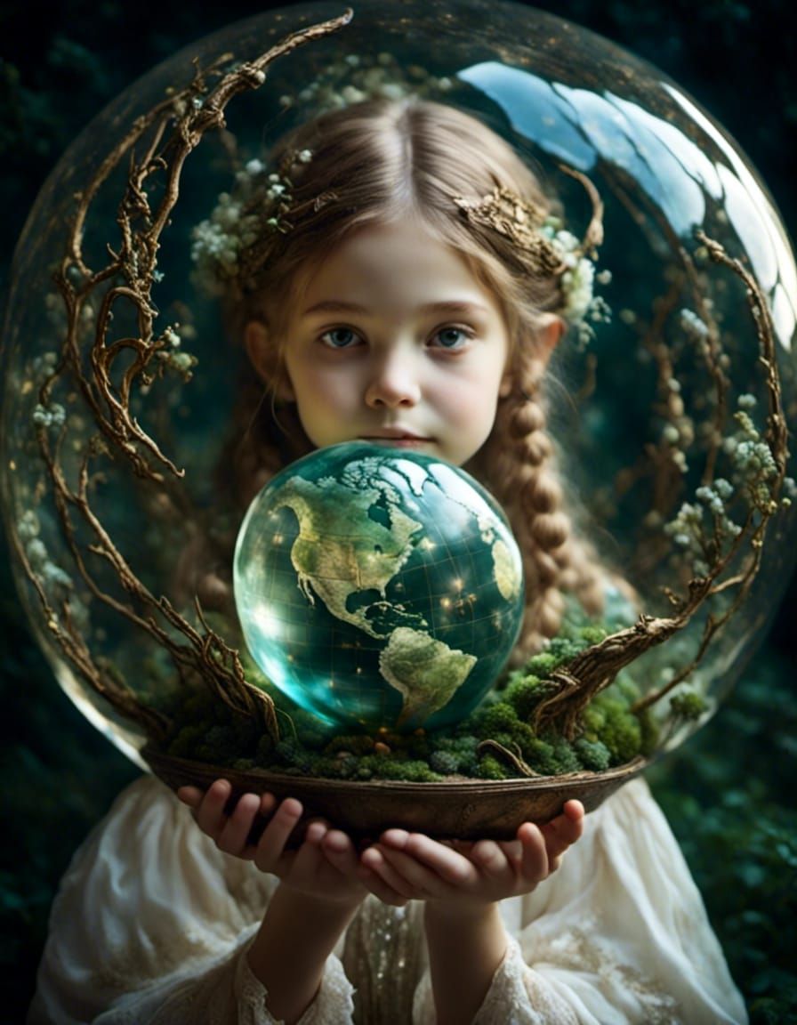 A girl holding a globe in her palm. Delicate, pale skinned. Within the globe is a lush, green, magical fairy world. A po...