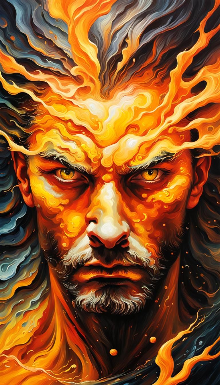 Mystical Being Unleashes Elemental Chaos as Oil Painting