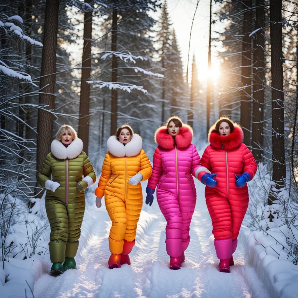 Women in Puffer Suits Strolling Winter Forest