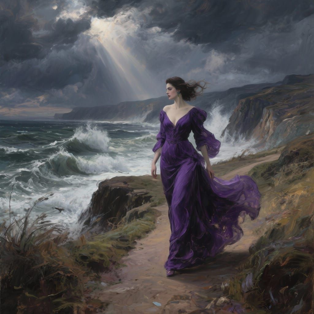 Femme Fatale in Purple Gown on Windswept Coastal Path