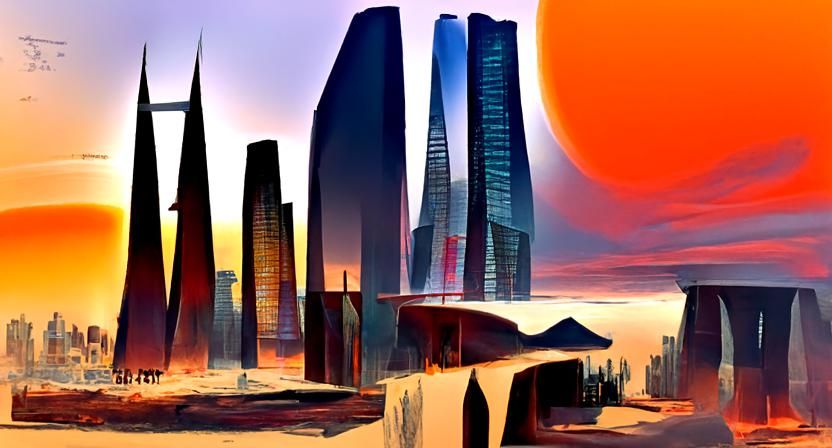 Cyberpunk Cityscape on Beach at Sunrise: Digital Painting