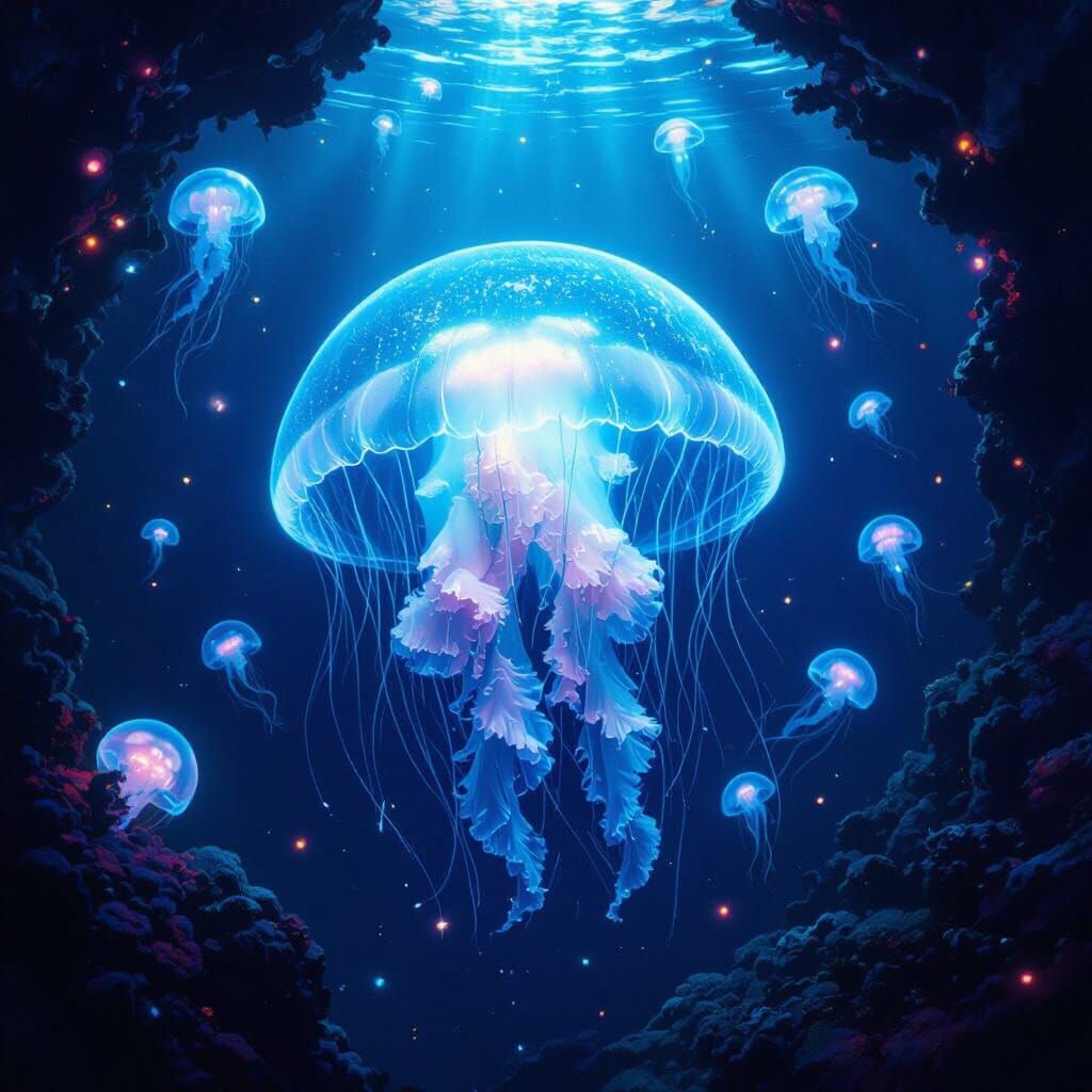 Bioluminescent Jellyfish in Deep Sea, Abstract Expressionism