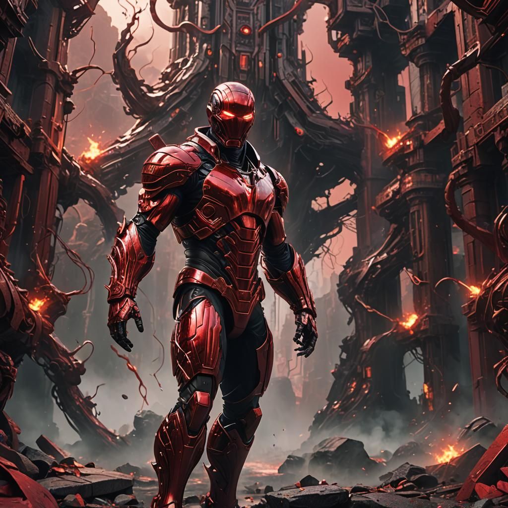 Red Metallic Man in Detailed Matte Painting