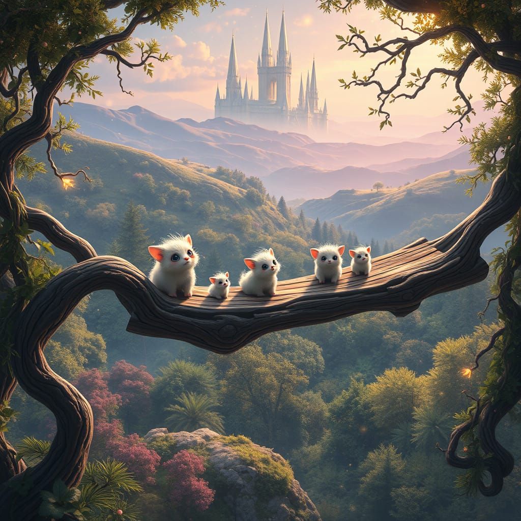 Whimsical Creatures Cross Ancient Wooden Bridge in Vibrant L...