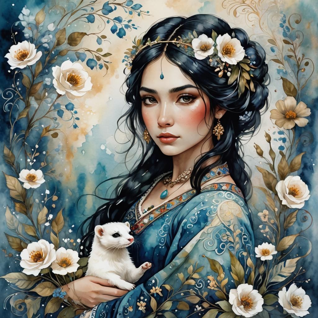 Bohemian Girl with Ferret in Watercolor Style