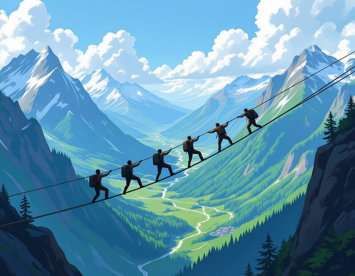 Men Crossing Giant Valley on Rope, Dramatic Mountain Landsca...