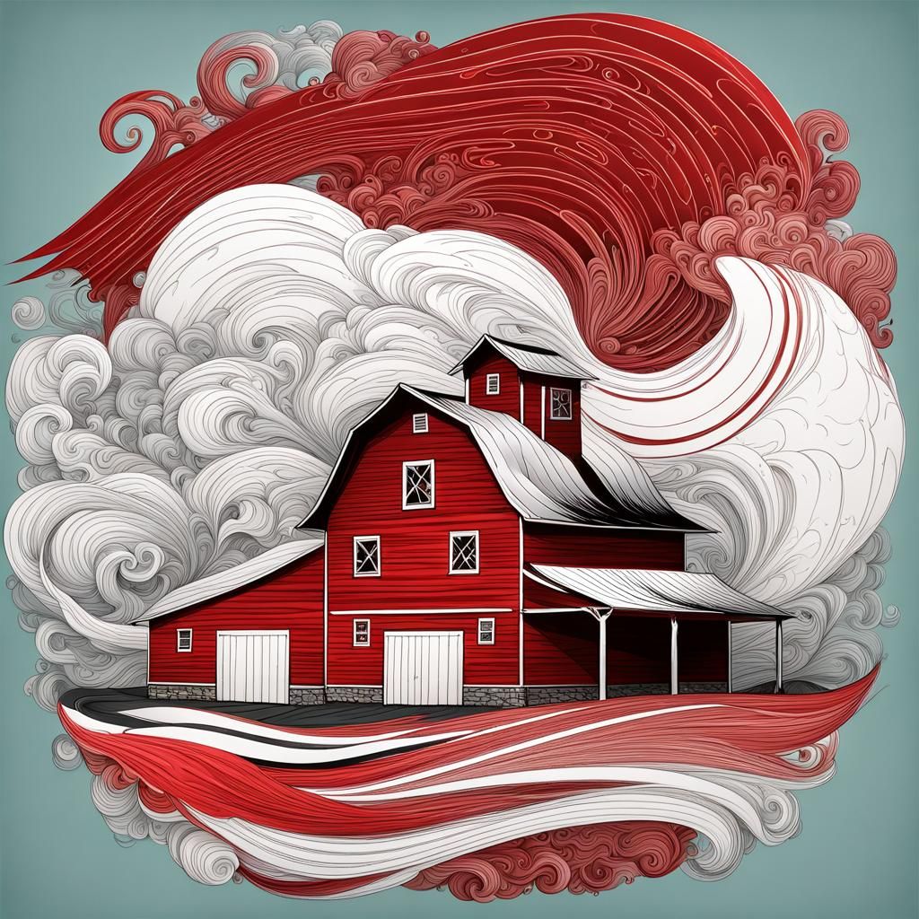 Tornado Approaching Barn with Abstract Fractal Elements