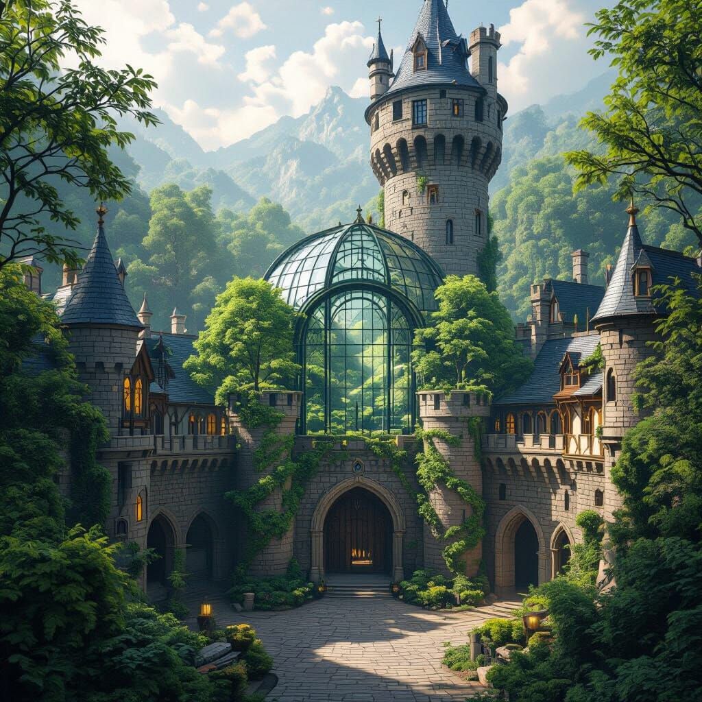 Fantasy Medieval Castle with Forest and Glass Atrium