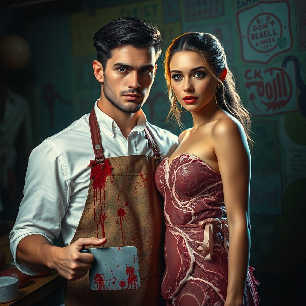 Surreal Couple in Meat Couture: Hyperrealistic Splash Art