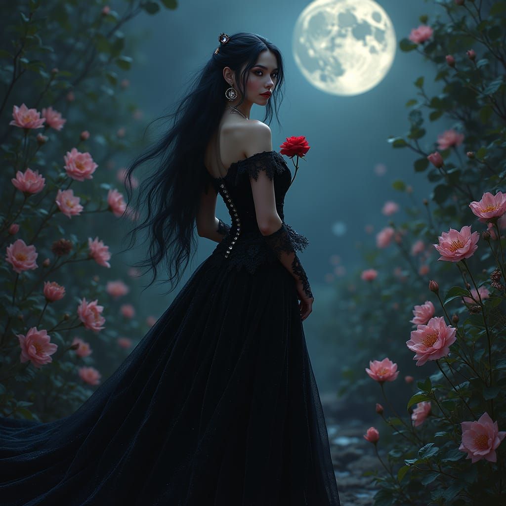 Ethereal Nighttime Goddess in Whispers of Moonlit Bloom
