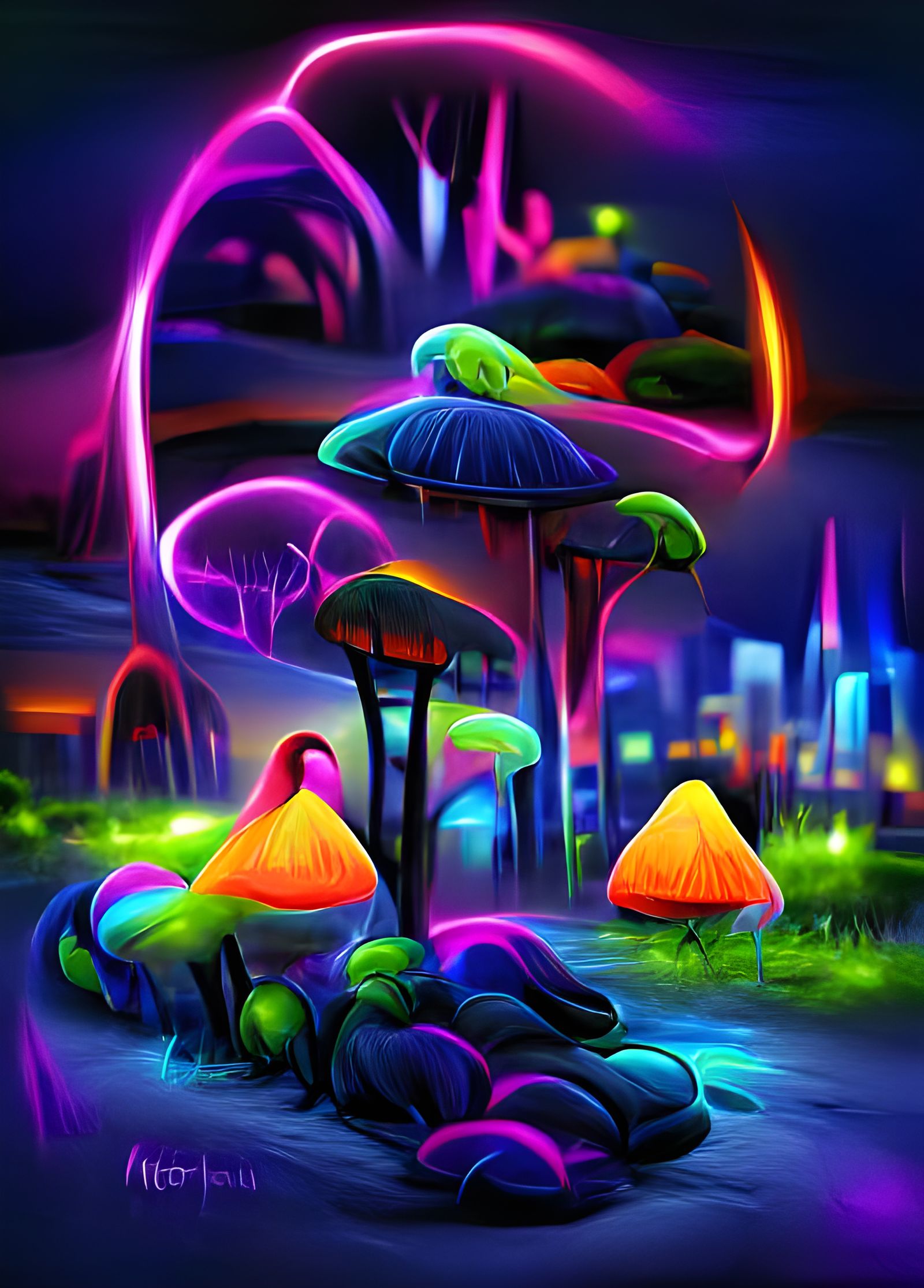 Neon Mushrooms in Psychedelic Landscape
