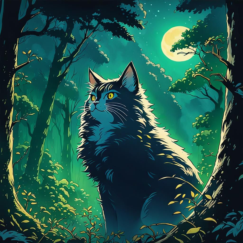 Anime Warrior Cat Gazing at Moon