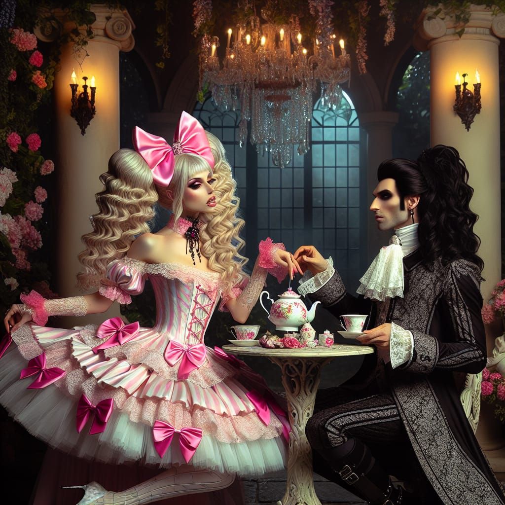 Gothic Garden Tea Party: Woman Serves Husband