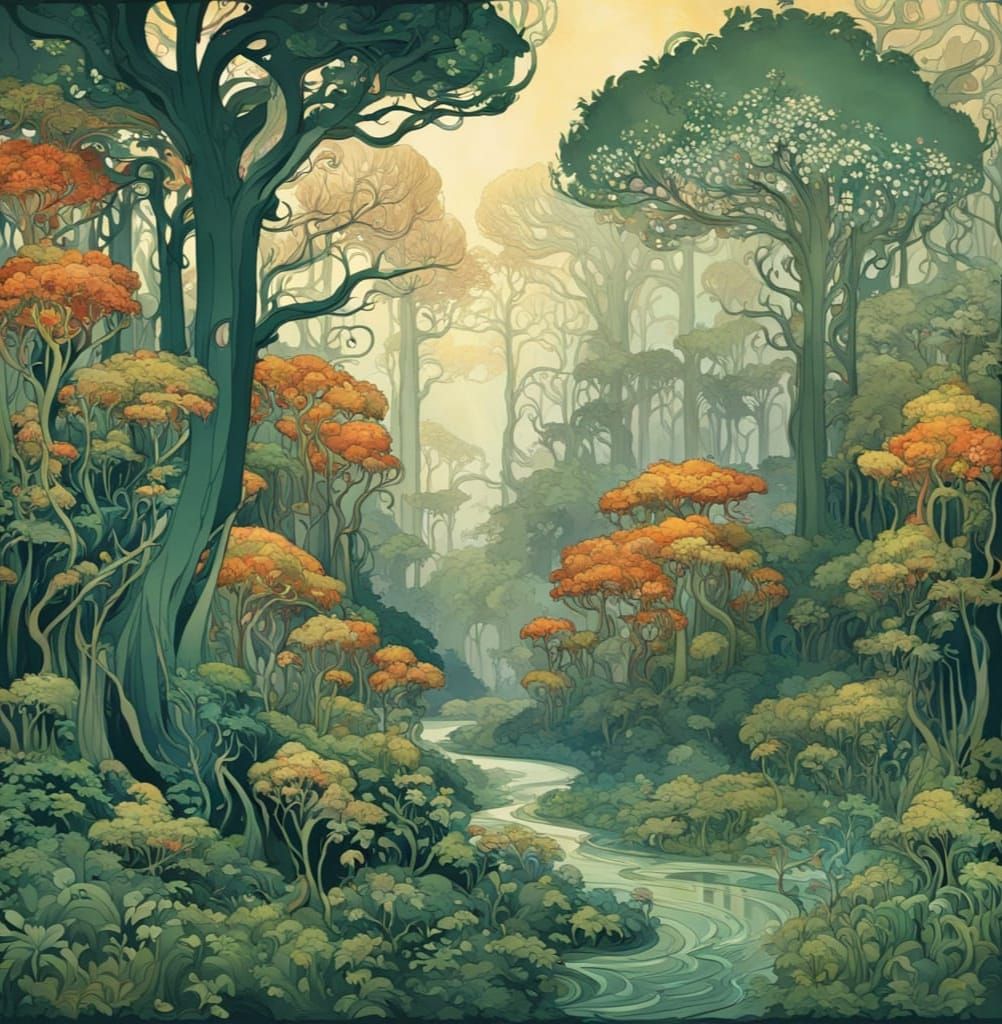 Art Nouveau Forest With Sinuous Lines