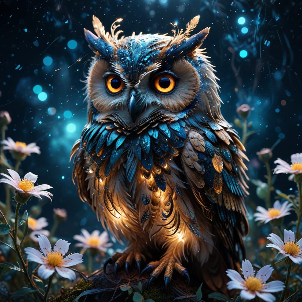 Cosmic Fairy Owl with Bioluminescent Sparks