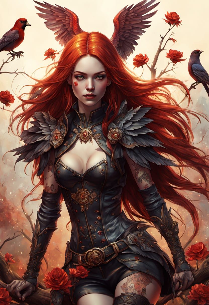 Red-Winged Woman in a Vibrant Oil Painting