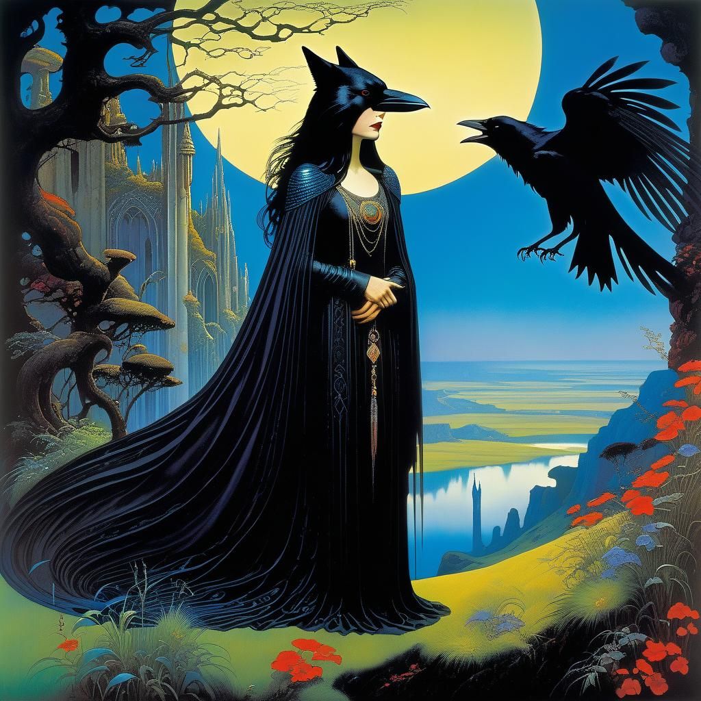 Gothic Woman with Crow and Wolf, Art Nouveau Style