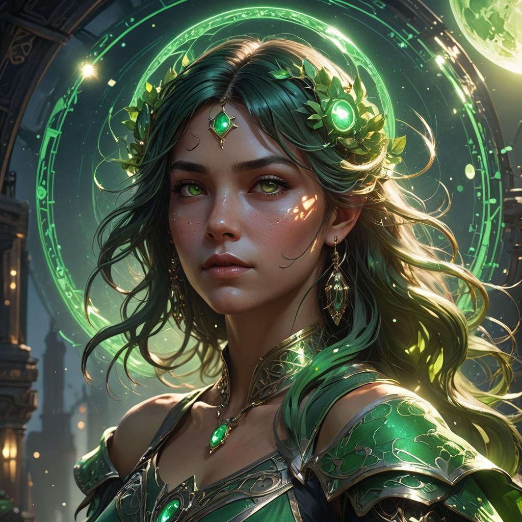 Glowing Portrait Holding Green Moon, Dynamic Lighting