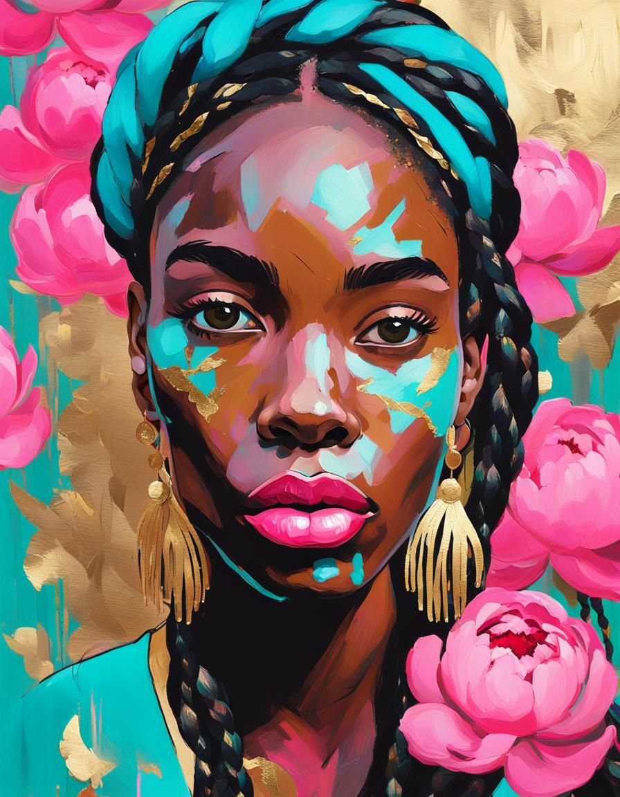 Abstract Portrait of Girl with Peonies in Art Deco Style