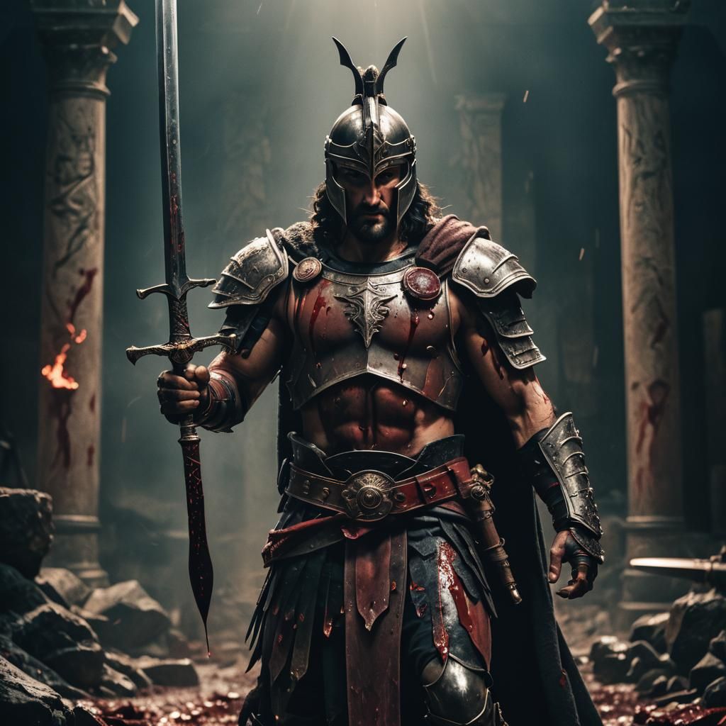 God Ares: Dramatic Film Still with Dripping Blood