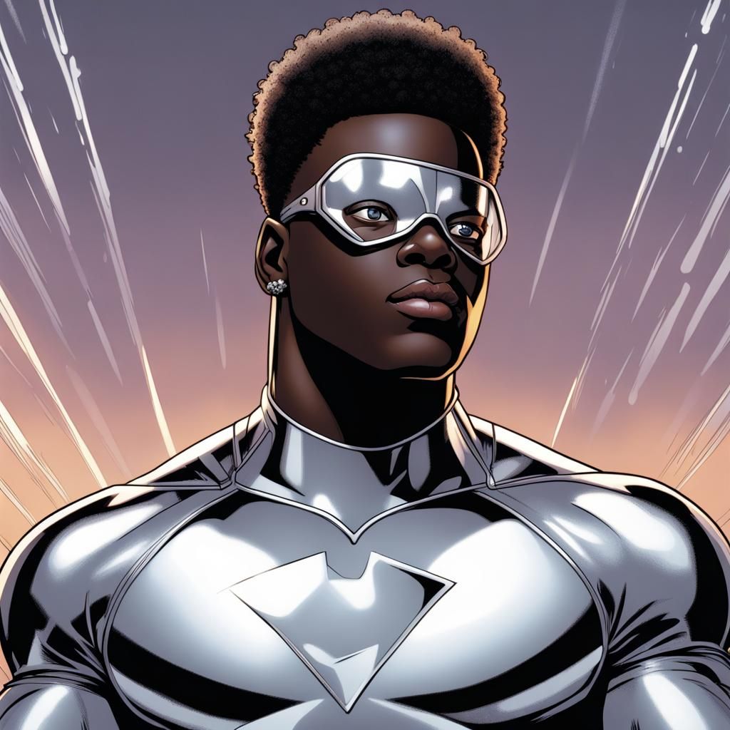 Darkskin Superhero in Silver Suit, Comic Book Art