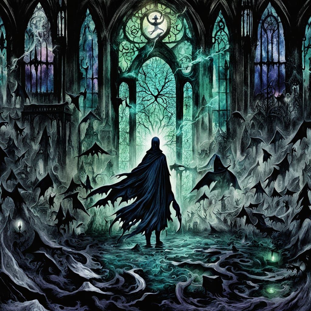 Eldritch Anime Woman in Shattered Stained Glass