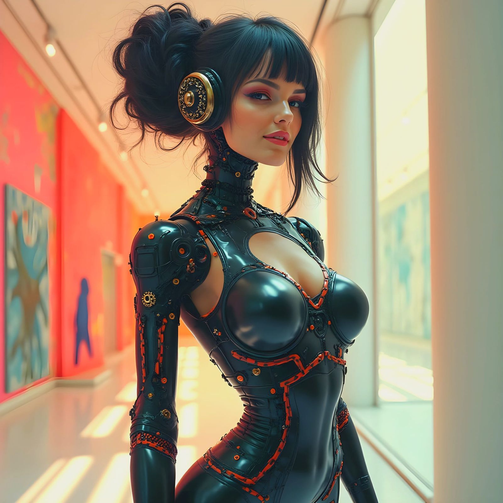 Expressionist Cyborg Woman in Art Gallery