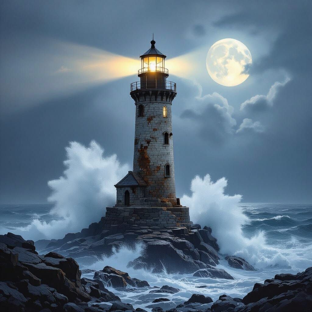 Lighthouse in Moonlight, Dramatic Seascape