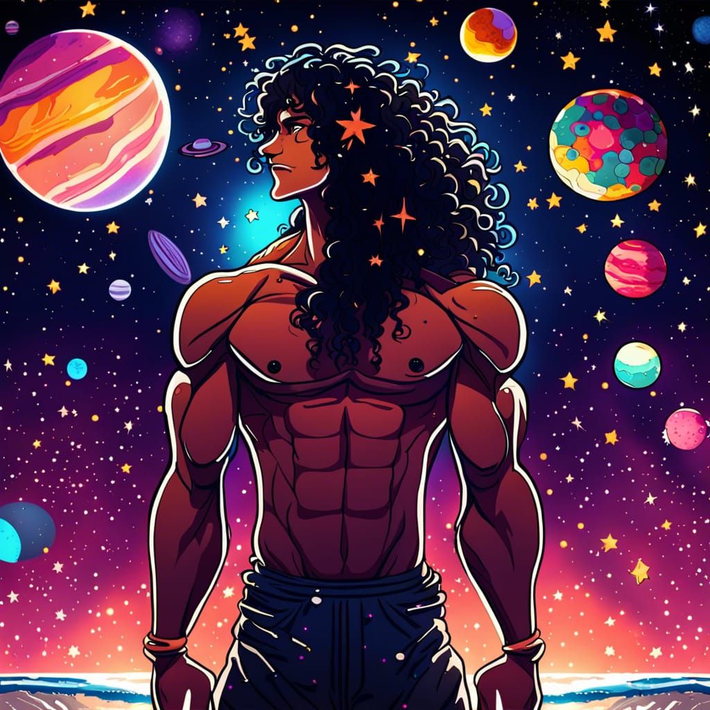 Anime Man Doing Pull-Ups Under Starry Sky