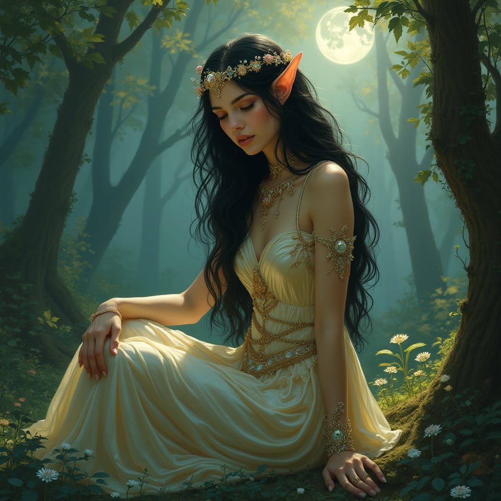Radiant Elf Queen in Enchanted Forest, Art Nouveau Style