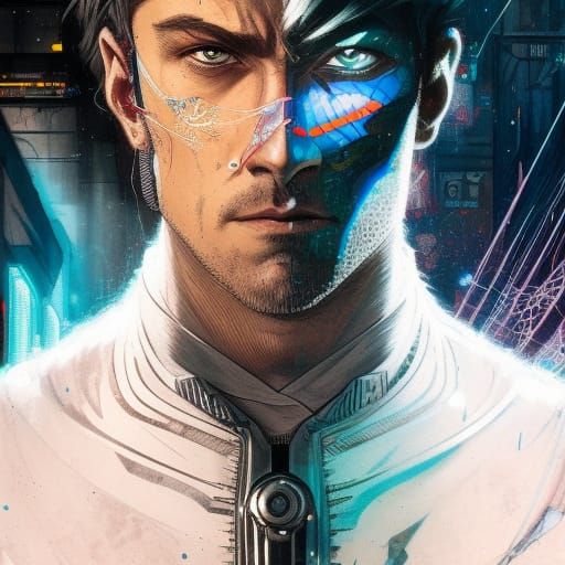 Cyborg Man Portrait in Cyberpunk Style