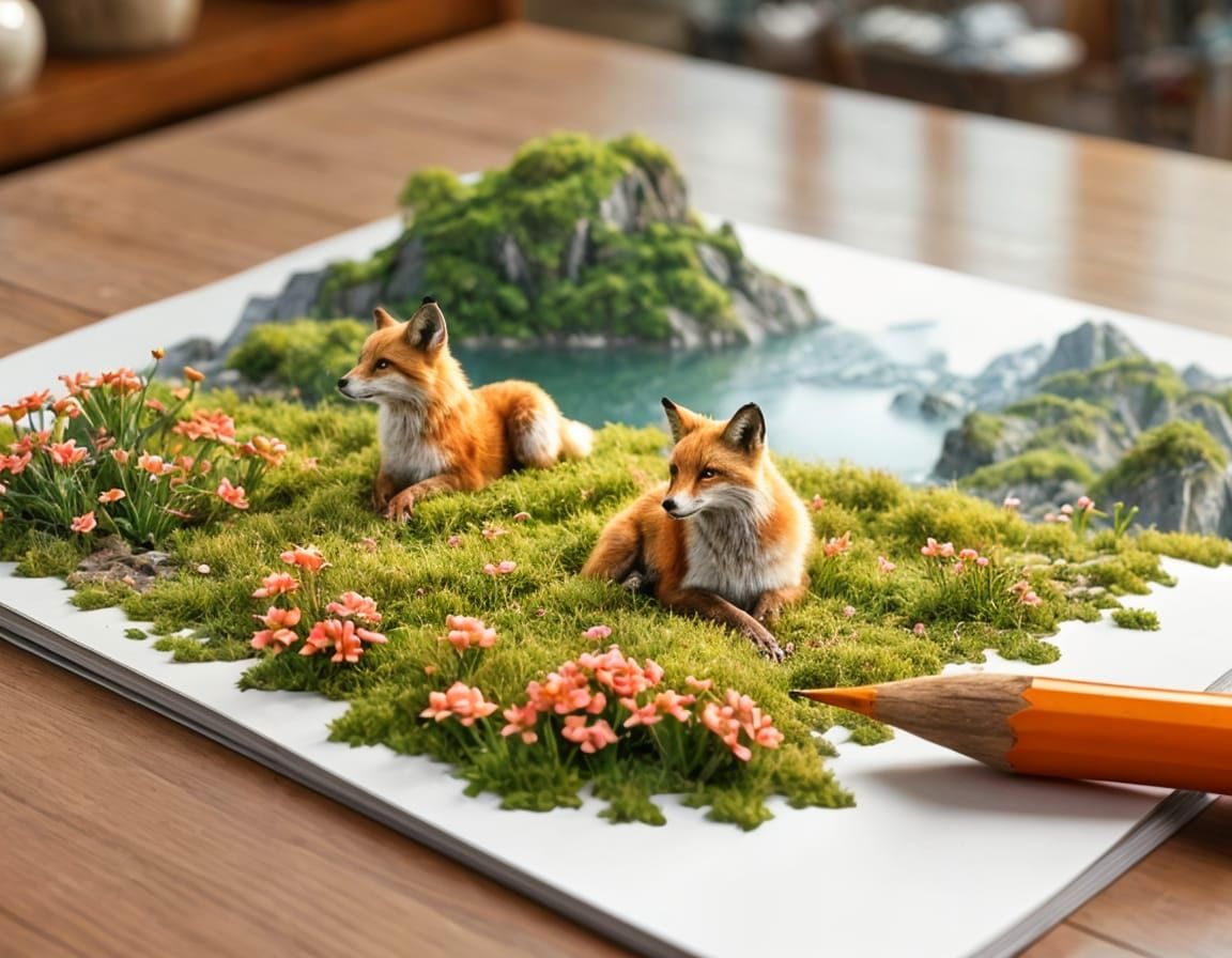 Two Foxes by Lake as Double Exposure Digital Painting