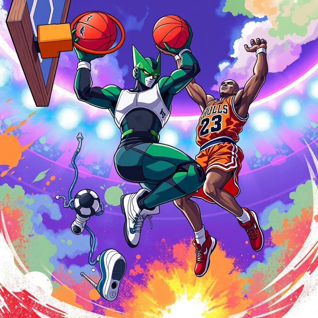 Dragon Ball's Cell Dunks with Michael Jordan in Vibrant Anim...