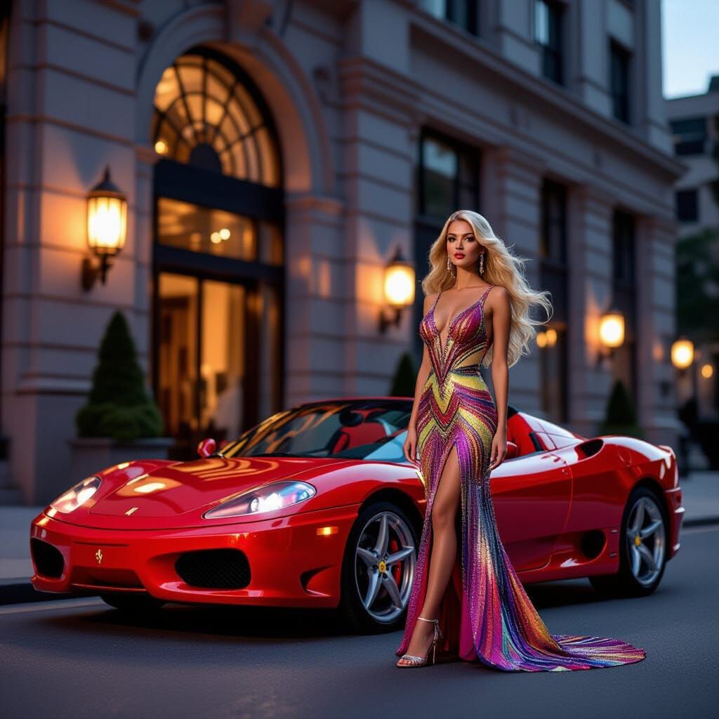 Ferrari 360 Spider with Flapper Woman at Art Deco Building