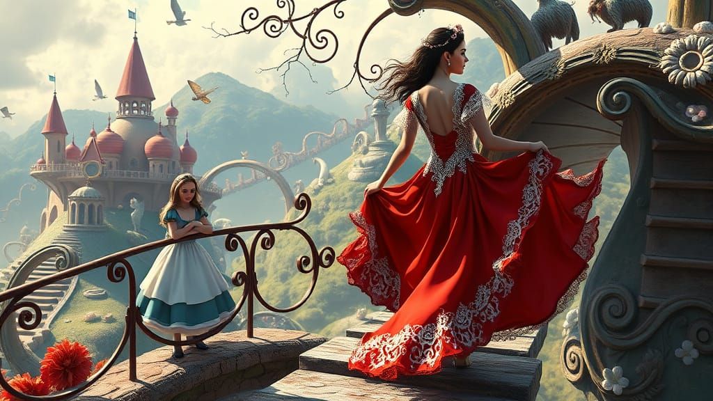 Spanish Bolero Woman Crosses Whimsical Wonderland Bridge