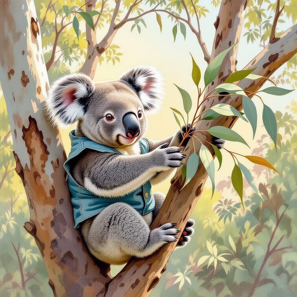 Koala Grabbing Leaves in Whimsical Style