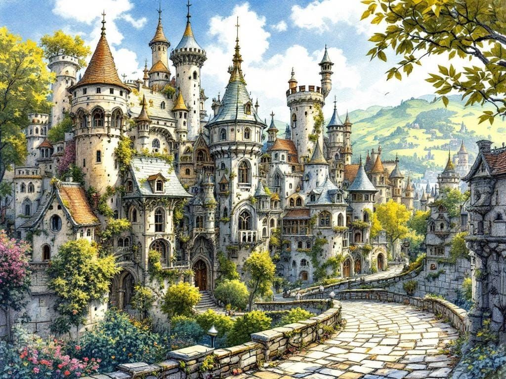 Mystical Fantasy City in Storybook Illustration Style