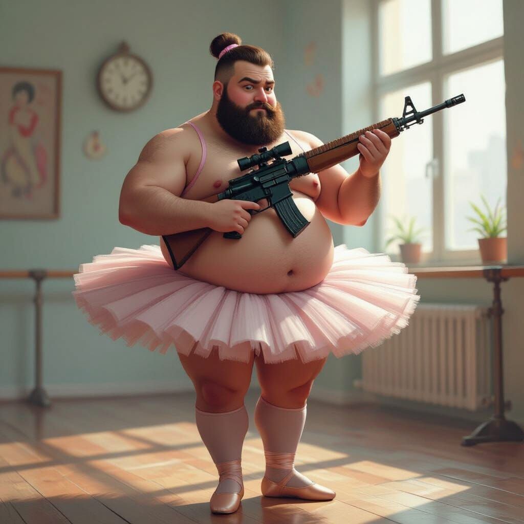 Obese Ballerina with Rifle in Dystopian Style