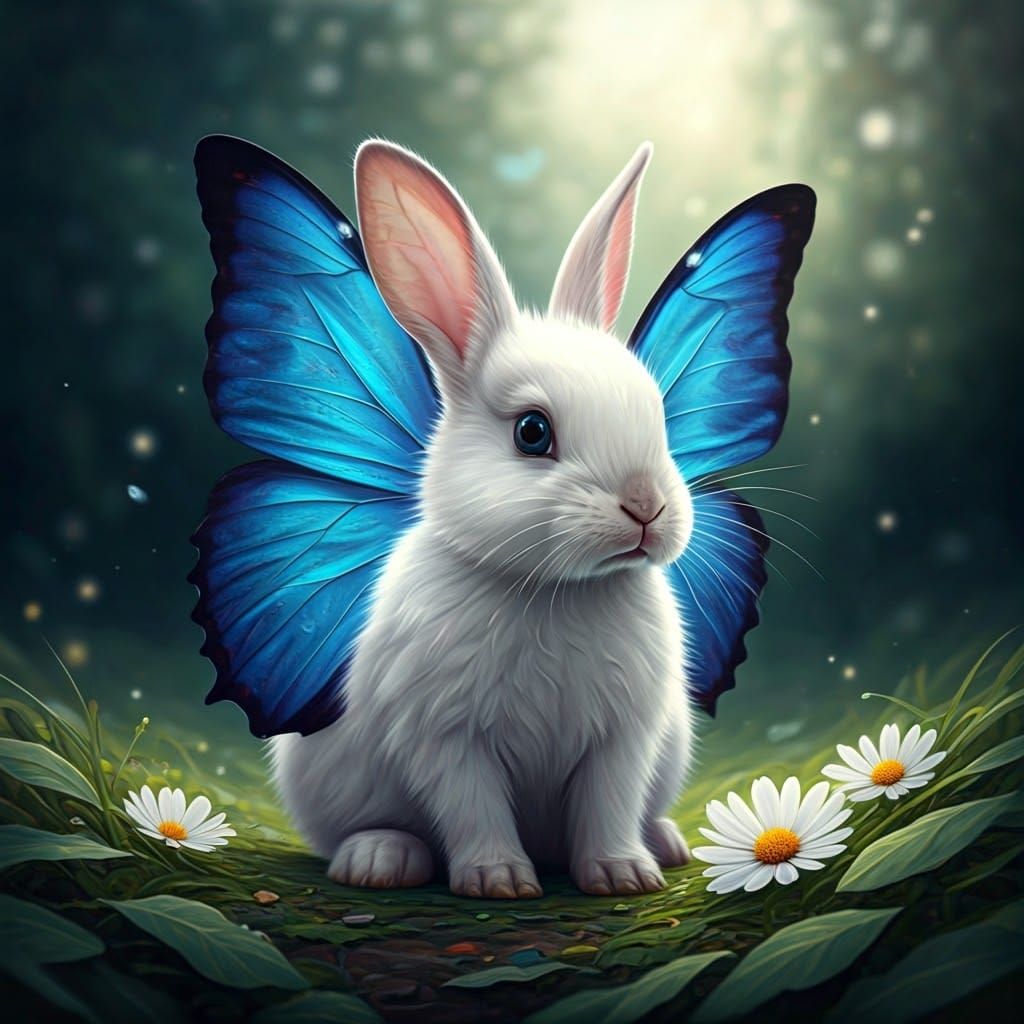White Bunny with Butterfly Wings in Ethereal Style
