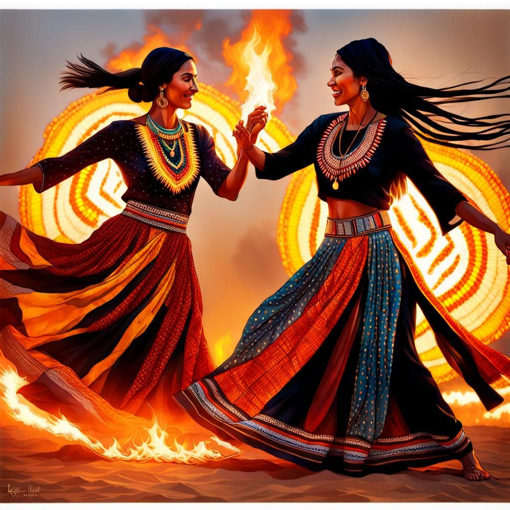 Palestinian and Native American Women Dancing in Firelight