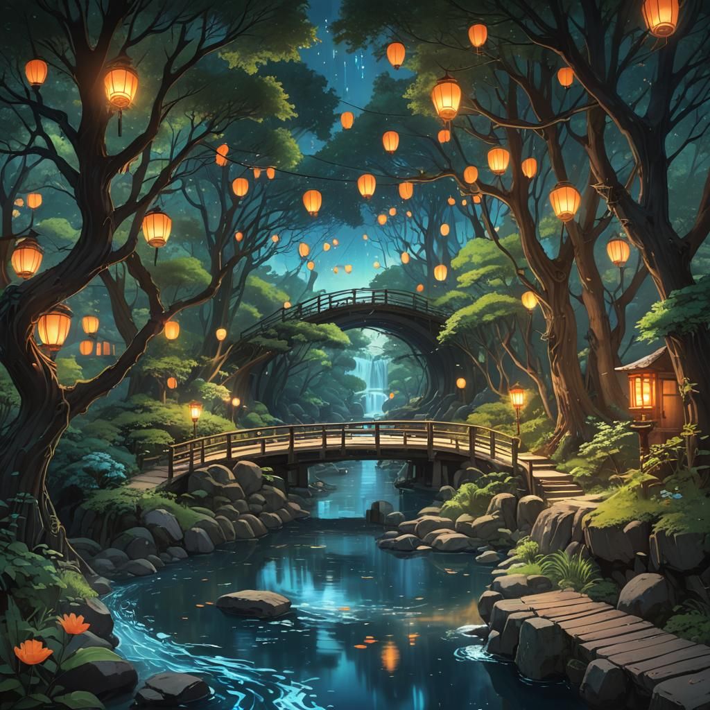 Piano Keys Flowing Down River in Studio Ghibli Style