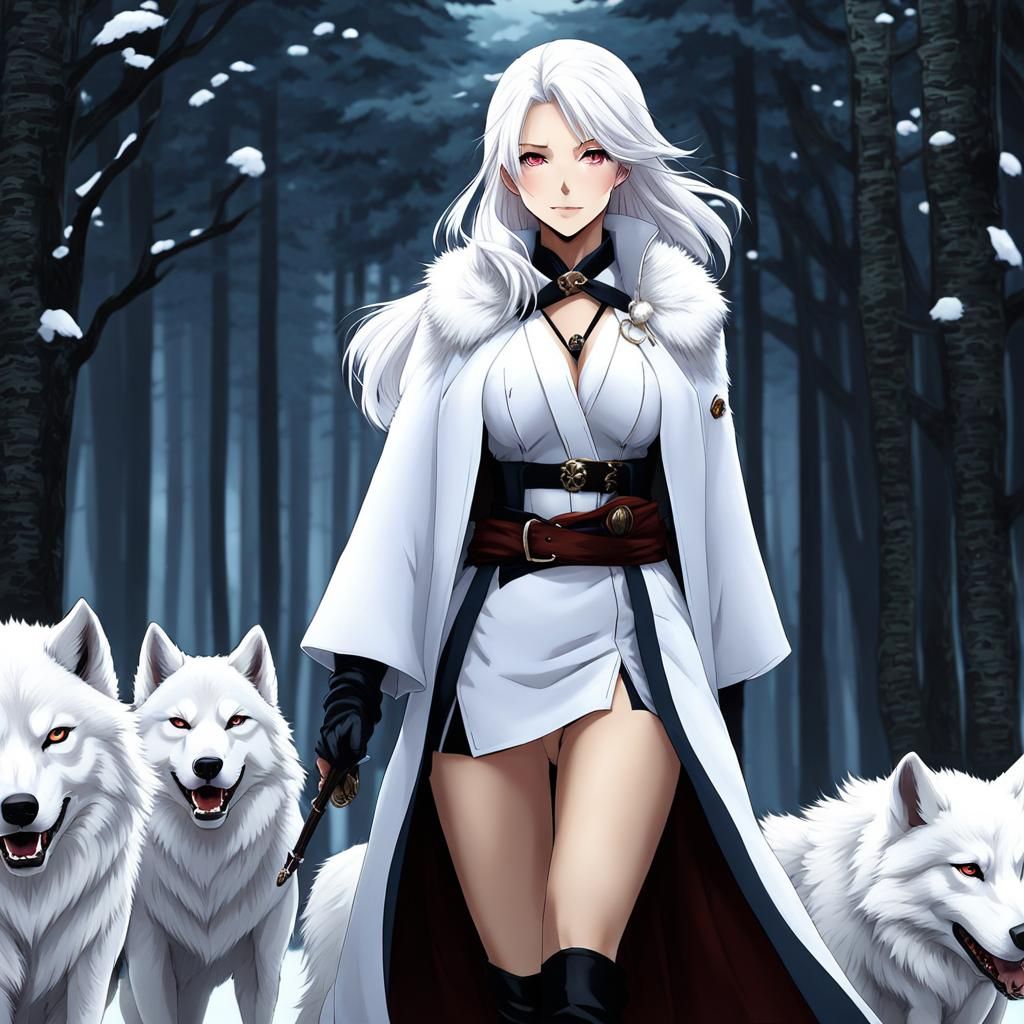Anime Style: White-Haired Wolf Woman with Wolves