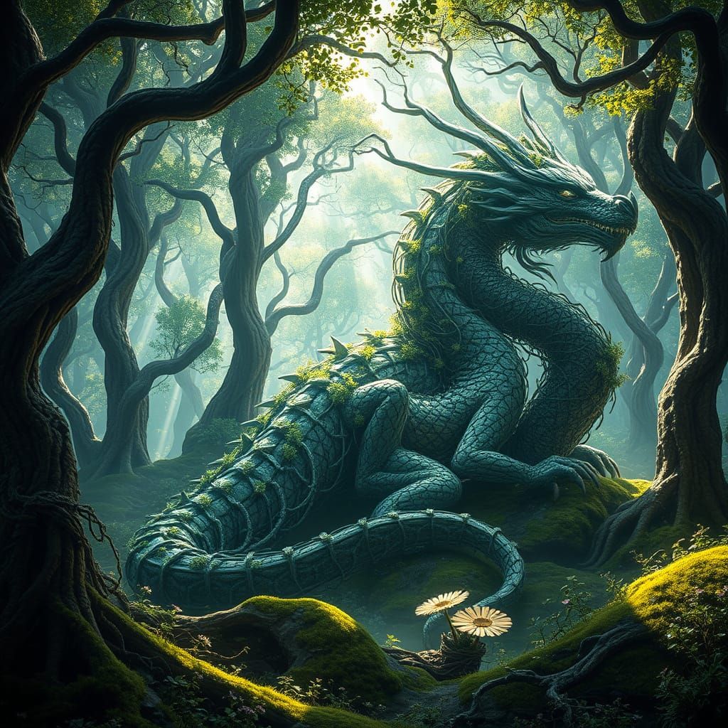 Ancient Vine Dragon Slumbers in Mystical Forest