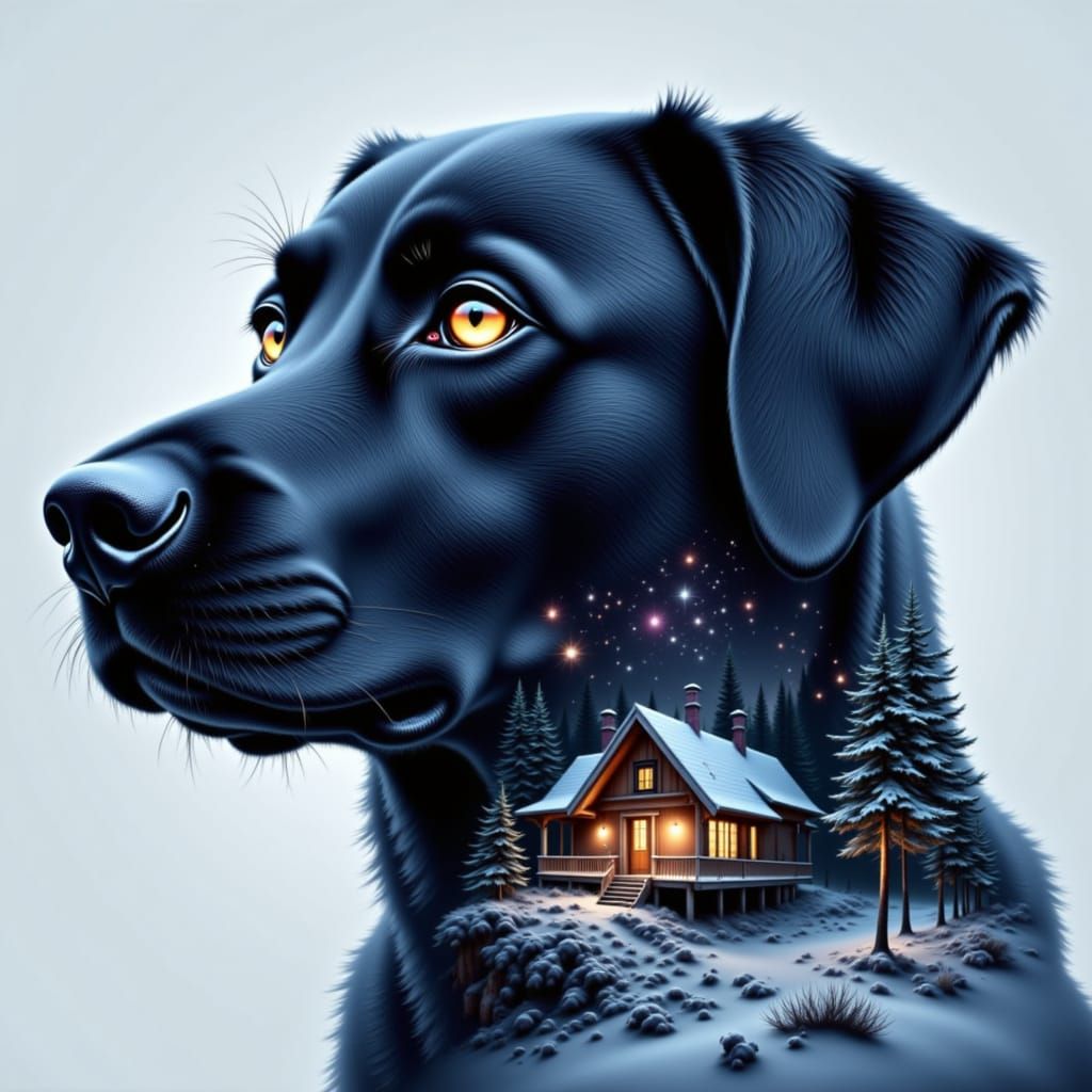 Black Labrador Silhouette With Cottage and Winter Mountains