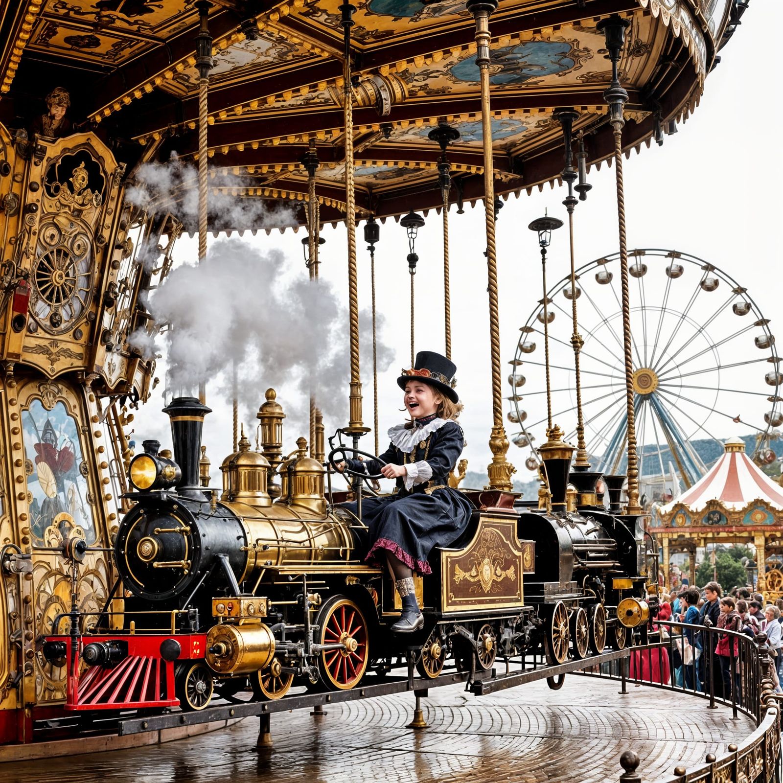 Steampunk Carousel with Steam Locomotives and Joyful Child