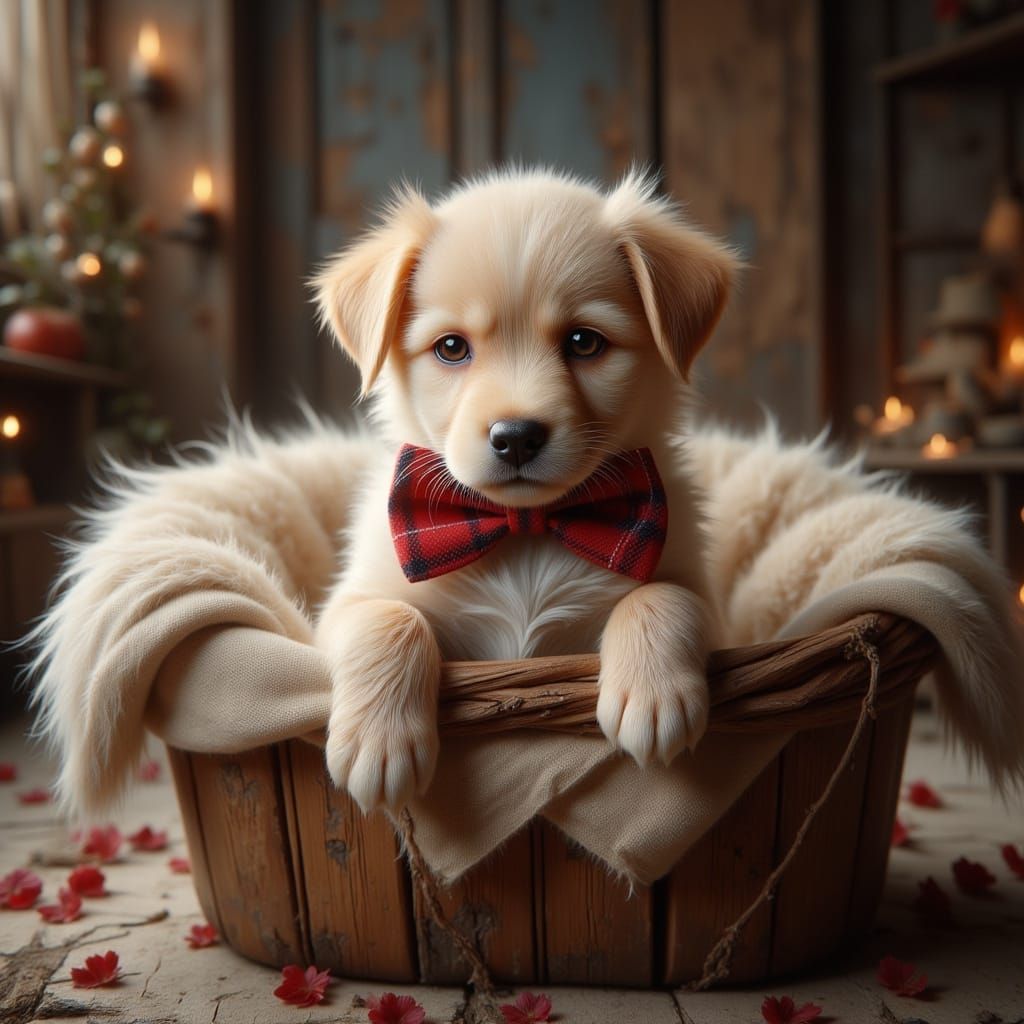 Puppy in Basket with Bow Tie, Whimsical Illustration