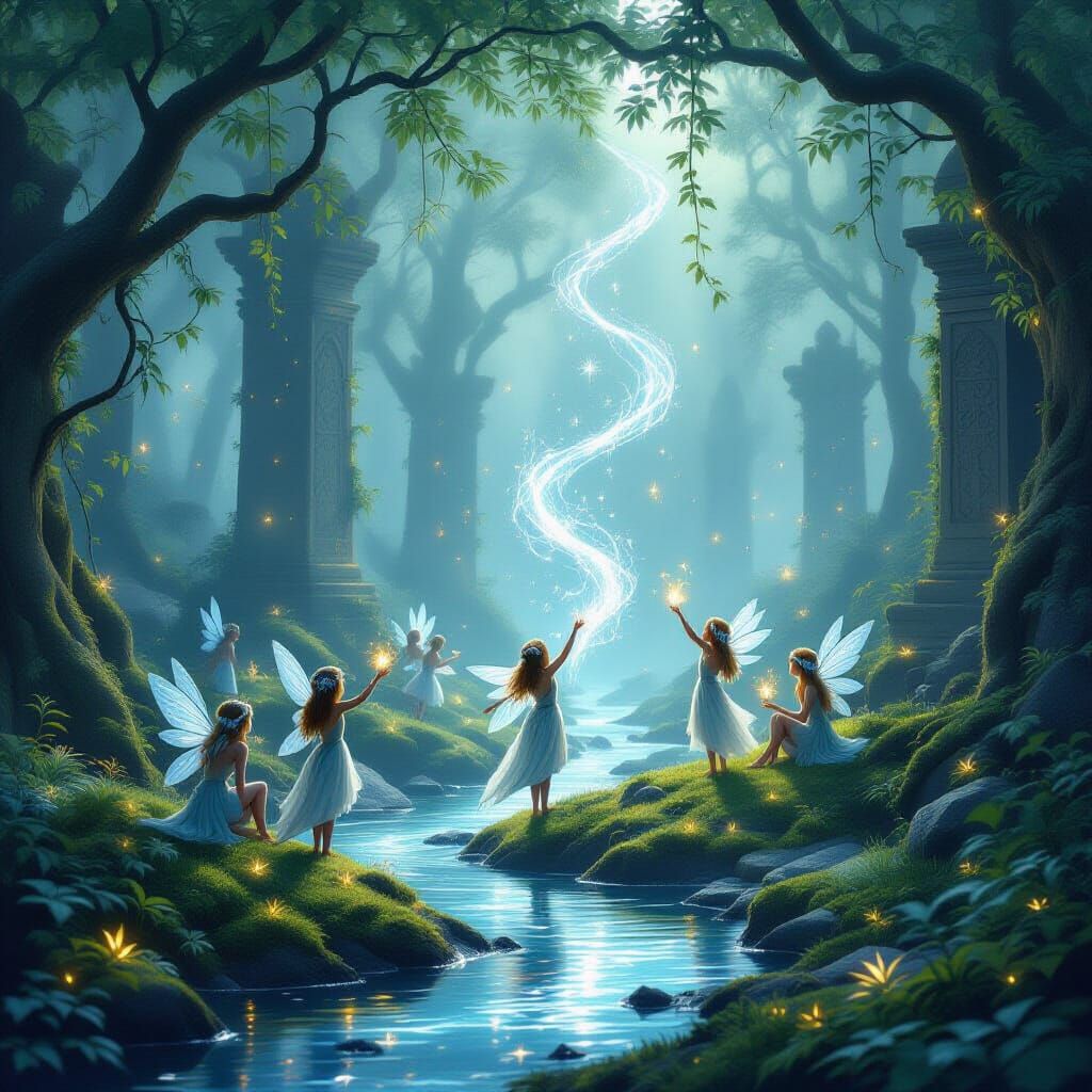 Fairies Conjuring Magic in Misty Grove